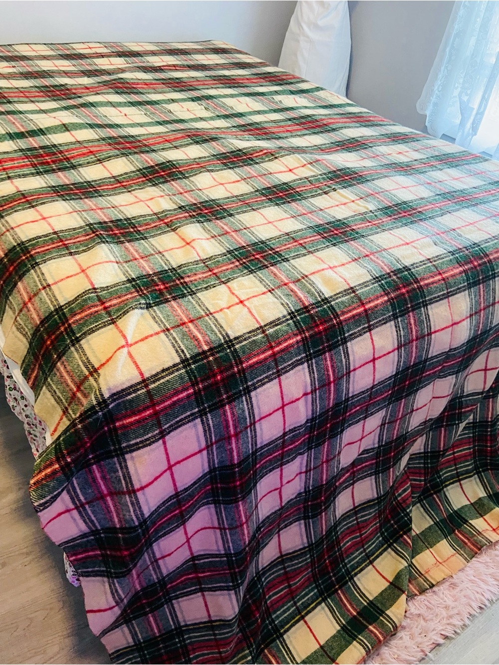Vintage Wool Blanket Tartan Plaid Red Green Cream XLong Pristine Camp Blanket